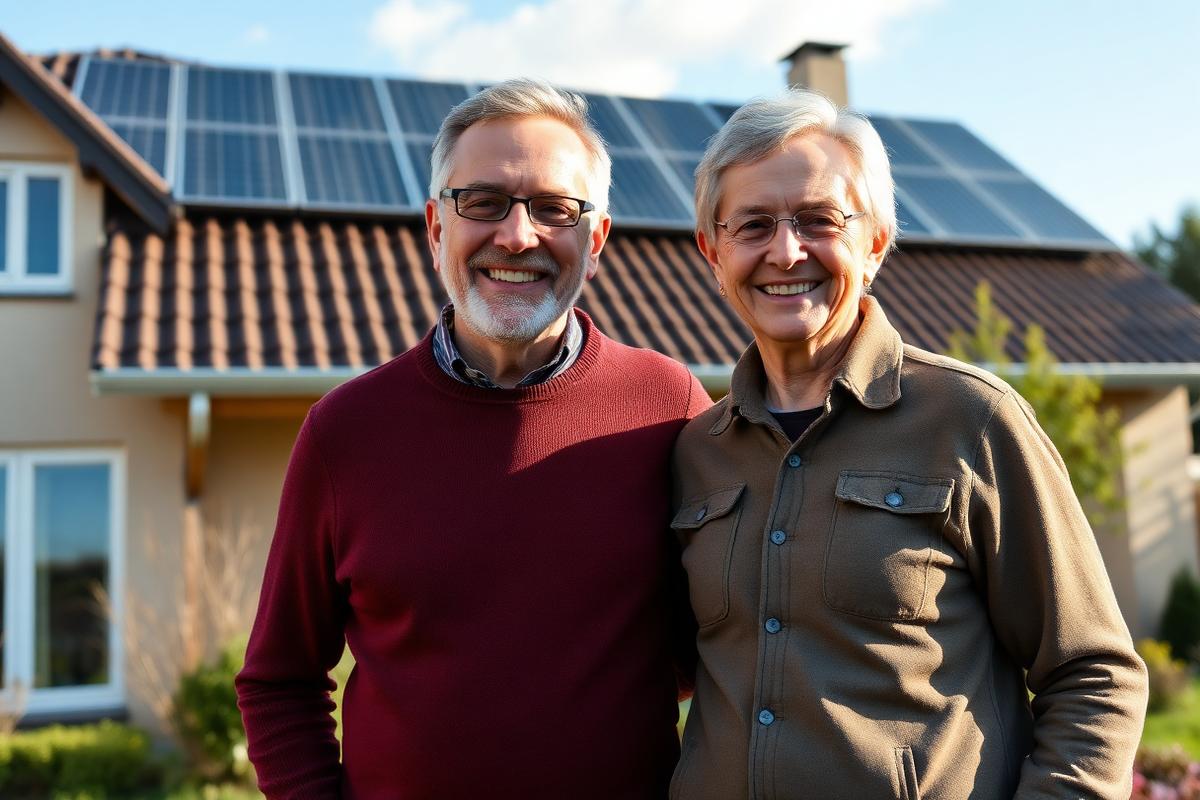 Zufriedenes Ehepaar vor dem eigenen Haus mit Solaranlage